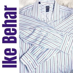 IKE BEHAR‎ 100% Cotton Long Sleeve Striped Button Up Dress Shirt, Size 17